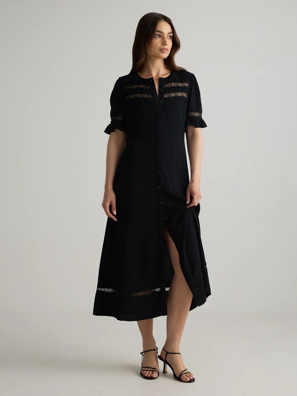 Quince True Black Lightweight Crepe Lace Inset Midi Dress Size Small